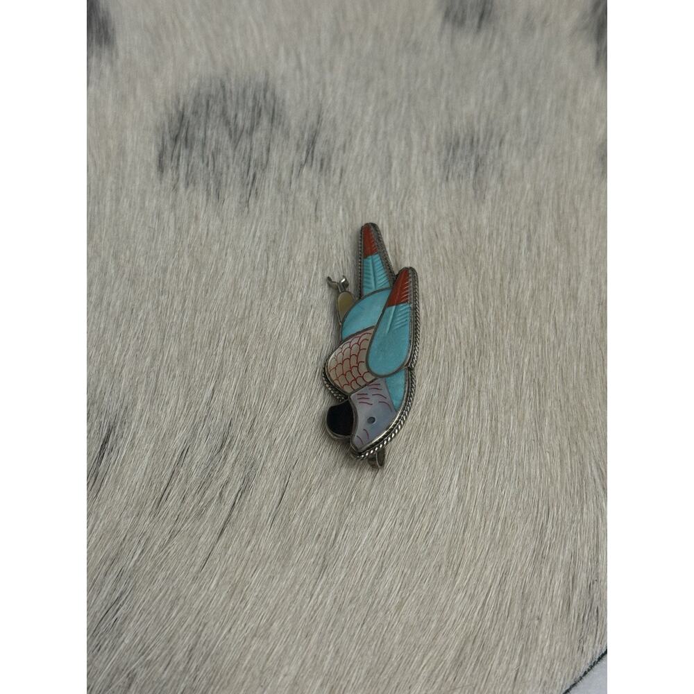 Zuni 2” Leland Peketewa Sterling Silver Inlay Turquoise Coral MOP Parrot Pendant - Picture 8 of 13